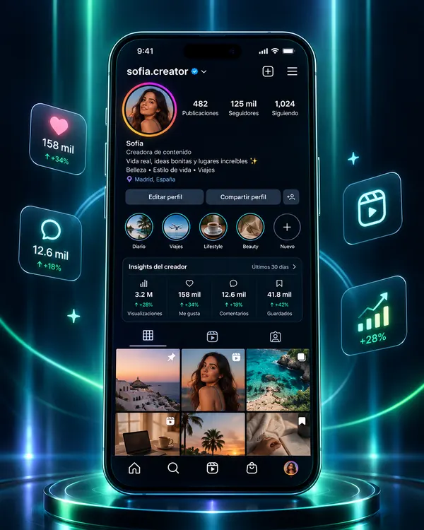 Perfil de creadora de contenido en el teléfono, con sus cifras