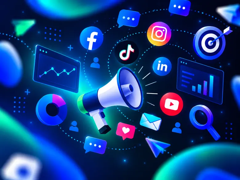 Megáfono rodeado de redes sociales, mensajes y gráficas de alcance