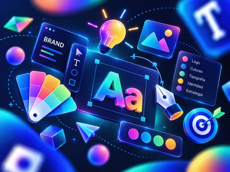 Mesa de diseño de marca con tipografía, paleta de color e identidad